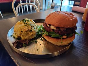 Mushroom walnut burger and potato salad at Modern Love in Brooklyn