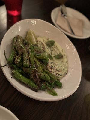 Blistered shishitos  at Modern Love in Brooklyn