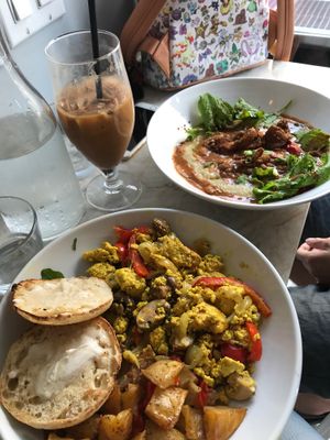 muffins with tofu scramble and open burrito at Modern Love in Brooklyn