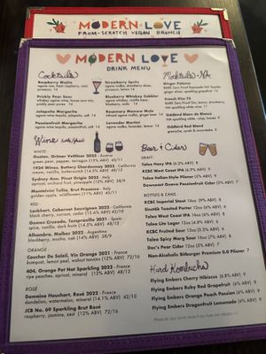 Menu  at Modern Love in Brooklyn