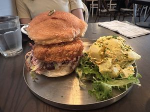 Hot honee chicken sandwich with potato salad  at Modern Love in Brooklyn