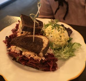 Seitan Reuben sandwich with potato salad  at Modern Love in Brooklyn