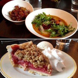 Delicious Shrooms & Grits, Home Fries, and Rhubarb & Strawberry Crumble! Fab brunch! at Modern Love in Brooklyn