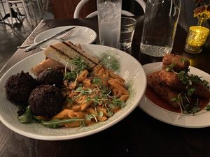 Penne pasta with meatballs and mozzarella sticks   at Modern Love in Brooklyn