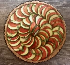 Vegan gluten free dairy free savory tart made with sunflower, zucchini and tomato. Really, really tasty.  at The Pureganic Cafe in Harrison