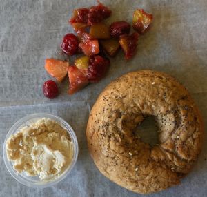 Really good gluten free vegan bagel with strawberry chia jam or vegan cream cheese. Really the best bagel I have ever had - and I'm from NY!! at The Pureganic Cafe in Harrison