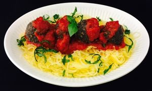 Vegan Spaghetti & Meatballs. Spaghetti squash with mushroom meatballs and homemade marinara. This is just soooo good. at The Pureganic Cafe in Harrison