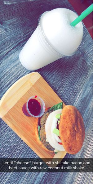 Lentil cheese burger with shiitake bacon and coconut shake  at The Pureganic Cafe in Harrison