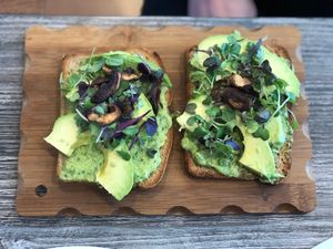 Avocado Toast with Shitake Bacon at The Pureganic Cafe in Harrison