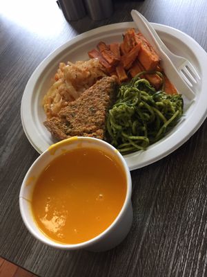 Butternut Squash Soup- quiche, zoodles with pesto, sweet potatoes, and spicy cabbage  at The Pureganic Cafe in Harrison