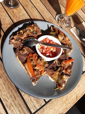 Molletes with mushrooms instead of cheese at Garabatos in Mexico City