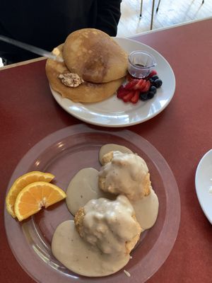 Biscuits and gravy plus pancakes  at Flora Kitchenette in Louisville