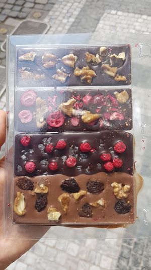 My creations from the chocolate bar workshop (Dark chocolate ones are all vegan) at Choco-Story - The Chocolate Museum in Prague