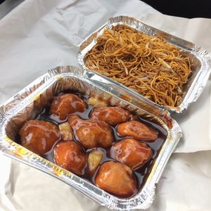 Sweet and Sour 'Chicken' with a side of Noodles and Beansprouts. at Harvest Vegetarian Kitchen in Wrexham