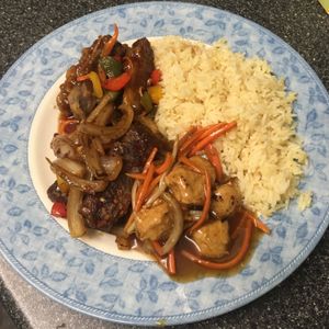 Salt & pepper ribs, crispy chilli beef, chicken in sweet brown sauce & fried rice 👍🏻 at Harvest Vegetarian Kitchen in Wrexham