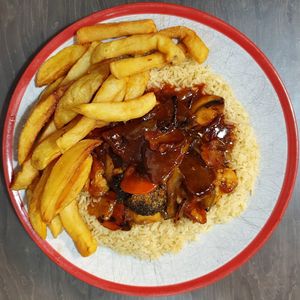 House special kung po, fried rice, chips at Harvest Vegetarian Kitchen in Wrexham