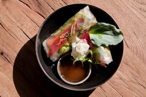 Rice paper rolls with seasonal veggies, green herbs, and sesame at Cafe Sage in Amsterdam