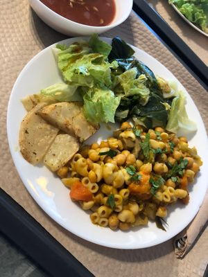 Plant based “rancho” (typical Portuguese chickpea, vegetables and pasta stew) with salad and celery steaks.  at Tonsai Bio  in Fatima