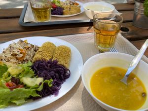 Infusão de príncipe, sopa de abóbora hokkaido, prato principal - croquetes vegetais, arroz de cogumelos com bifes de aipo, couve rouxa e salada at Tonsai Bio  in Fatima
