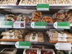 Lots of different vegan sandwiches - falafel, avo and chipotle flatbread, Mexican avocado flatbread, vegan chilli wrap and the Caesar wrap at Pret a Manger - Broadwick St in London