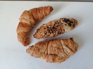Vegan plain croissant, vegan chocolate croissant and vegan almond croissant at Pret a Manger - Broadwick St in London