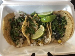 1 each of their 3 vegan (taco) offerings, including Flor de Calabaza (Pumpkin Flower), Huitlacoche, and Mushroom. at La Mexicana in Newport