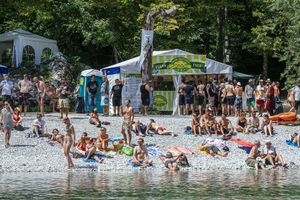 Veni vegi Vici, vegan food, on the beach at Soča river, PunkRockHoliday festival, Tolmin, Slovenia at Veni Vegi Vici in Ljubljana
