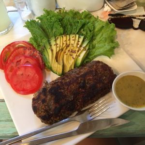 lentil burger with salad at Bum Kaldi in San Pedro De Atacama