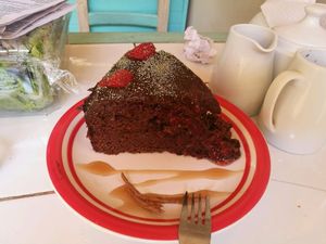 Chocolate and strawberry tart at Bum Kaldi in San Pedro De Atacama
