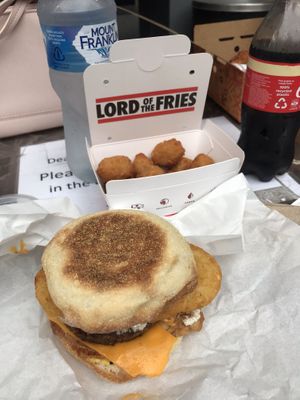 Chickn nuggs, aioli sauce, and egg + patty breakfast with a hash brown! Yum! at Lord of the Fries in Haymarket