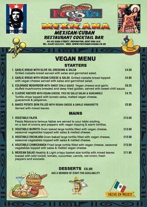 Vegan menu from website; as of October 2024 at Fiesta Mexicana in Orpington