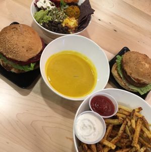 Aztec bowl, fries, Copper Burger, Spicy Black Bean burger, Bombay soup at Copper Branch in Brooklin