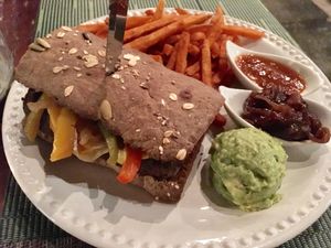 Vegan burger with camote fries at Sirena Morena in Cancun