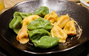 Veggie Dumplings (filled with carrot / spinach) at Old Wood Village in Dubai