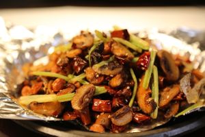 fried mushroom with chili and celery! at Old Wood Village in Dubai