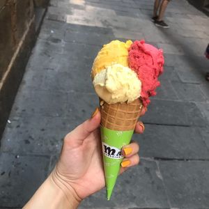 Passion fruit mango and strawberry for €4.80 in a cone (cheaper for less obvs) at Manna Gelats in Barcelona