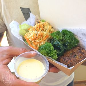 Vegan Lunch Box: Vegan Burger (patty) Bulgur Salad and Broccoli with Vegan "Cheese" Sauce at GREEN - Food Van in Ericeira