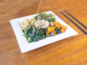 Macrobiotics plate, comes with a bowl of mix-veg lentil miso soup. at Cafe Tibet in Berkeley