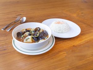 Thing Tsechu: Tofu, mushroom, bean thread noodle, & potato with a side of rice. at Cafe Tibet in Berkeley