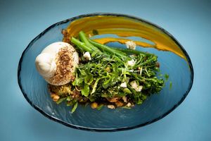 white miso braised greens, smoked carrot mousse and vegan burrata at Wholefoods Merchant in Melbourne