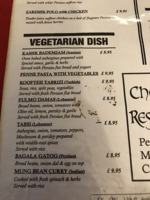 Veggie/ vegan menu  at Chechecks  in Aberfeldy