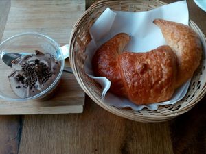 chocolate musse with vegan croissant at Vege Cafe in Lausanne