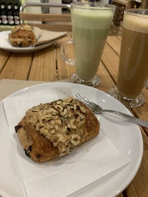 Matcha oat latte, oat latte & vegan hazelnut pain au chocolat   at Sheaf Street Health Store in Daventry