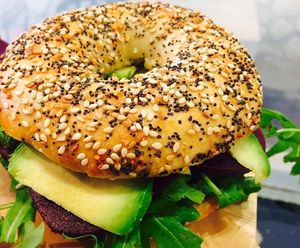 Bagel: Vegan Pride - Avocado with Beetroot, salad and Hummus sauce at Taste in Luebeck