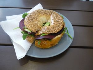 Beetroot bagel at Taste in Luebeck