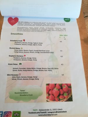 Smoothies menu at Taste in Luebeck