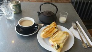 roast veg panini with vegan cheese. loose leaf Earl grey tea with oat milk.  lovely  at Love and Scandal in South East London