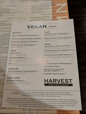Separate vegan menu at Harvest Seasonal Grill & Wine Bar in Moorestown