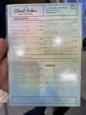 English menu at Cloud Cakes - Mandar in Paris