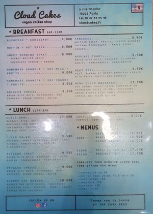 Main menu at Cloud Cakes - Mandar in Paris